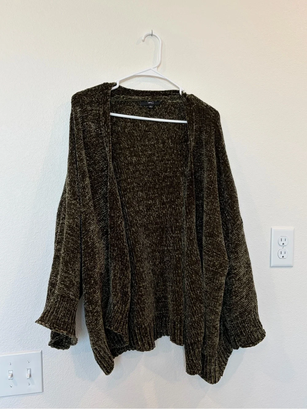 Very J Olive Chenille Open-Front Cardigan